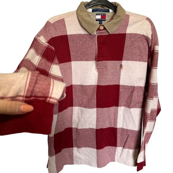 Tommy Hilfiger Vintage Red Plaid Polo Long Sleeve Size Large - Picture 3 of 8
